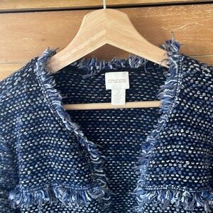 Chicos Textured Open Front Jacket Coat Blue White